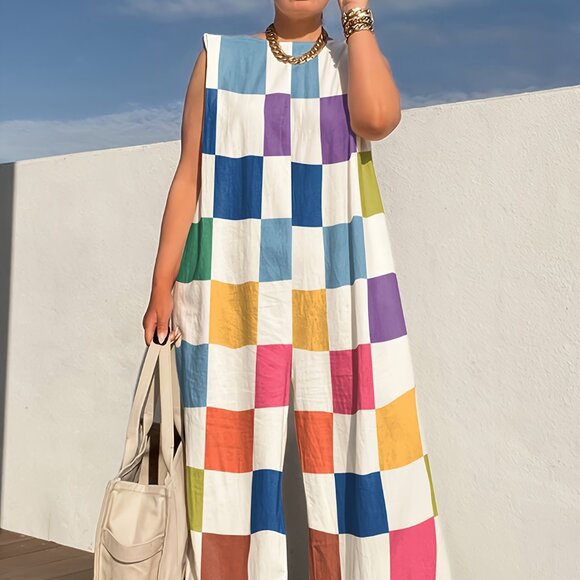 Pants - Relaxed-Fit Sleeveless Jumpsuits with Contrasting Plaid Patterns